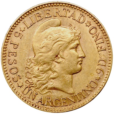 アルゼンチン 1887年 ５ペソ金貨 リバティ フリギア帽 VF+極美品