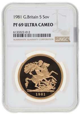 イギリス 1981年 エリザベス ５ポンド金貨　NGC PF69UCAM