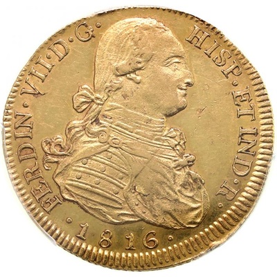 スペイン領 チリ　1816年So-FJ　サンティアゴ　フェルナンド7世　カルロス4世　8エスクード金貨　PCGS　AU55