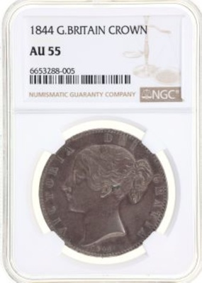 イギリス 1844年 クラウン銀貨  ビクトリア ヤングヘッド　VIII on edge Cinqfoil Stop AU55