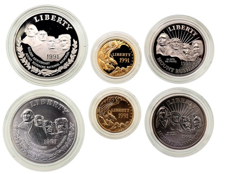 アメリカ　1991年　5ドル金貨*2　1ドル銀貨など6枚セット　Mount Rushmore anniversary
